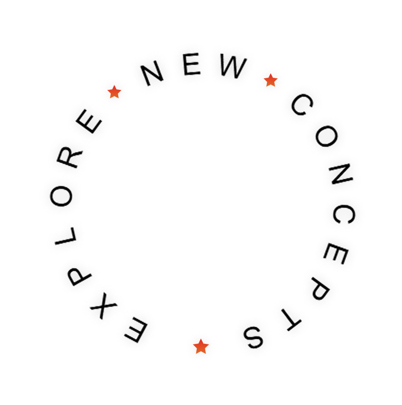 Circular arrangement of black blocks spelling 'FOREVER NEW COLLECTION' with three red stars evenly spaced around the circle.